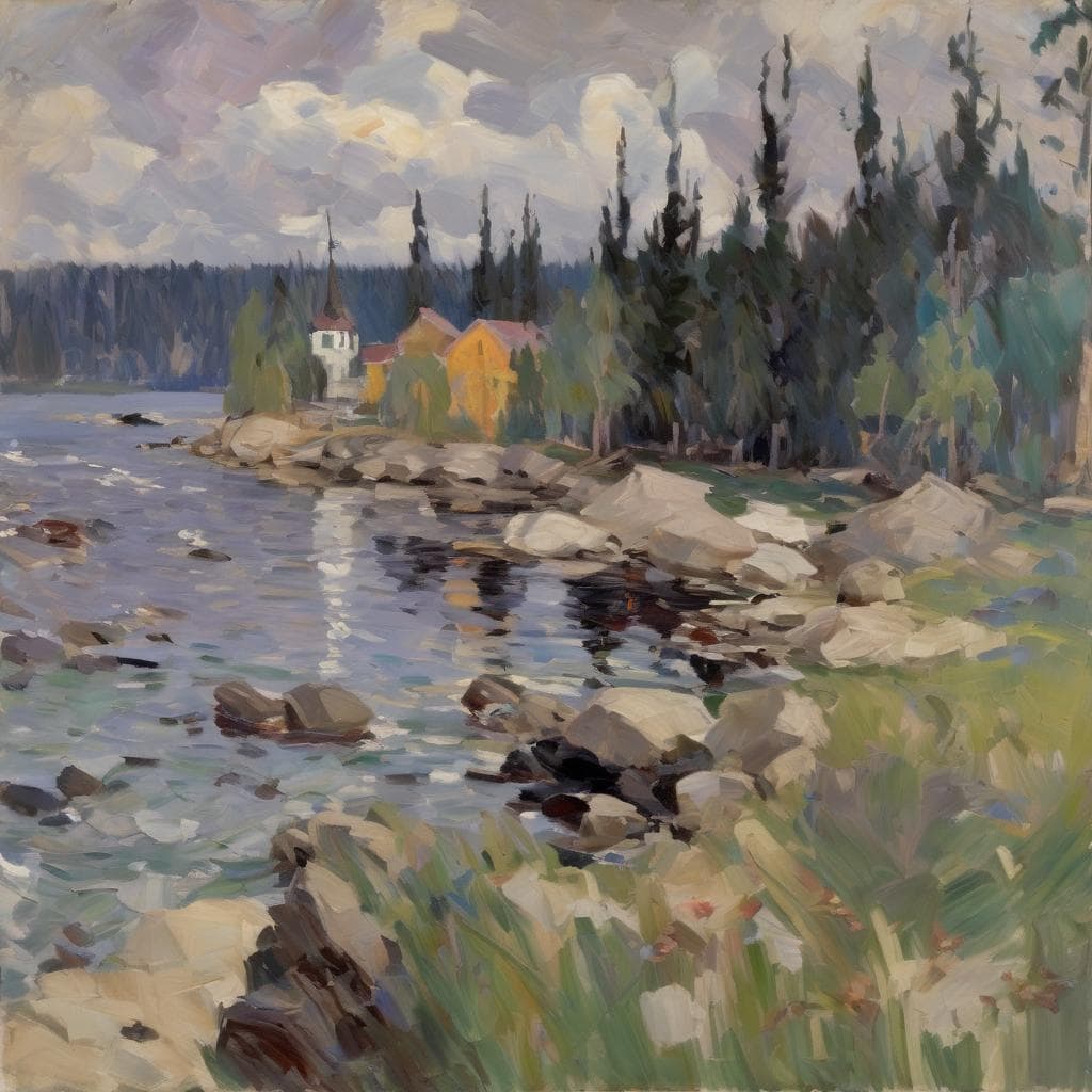 Λιμνη με δέντρα και σπίτια σε εντυπωσιακή ελαιογραφία, τέχνη του σήμερα, μεγάλοι καλλιτέχνες, σύγχρονη ζωγραφική, φυσικά τοπία.